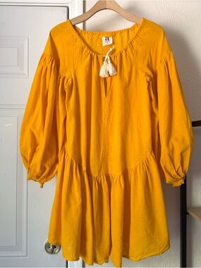 AISH yellow cotton prairie cottage long puff sleeve mini dress